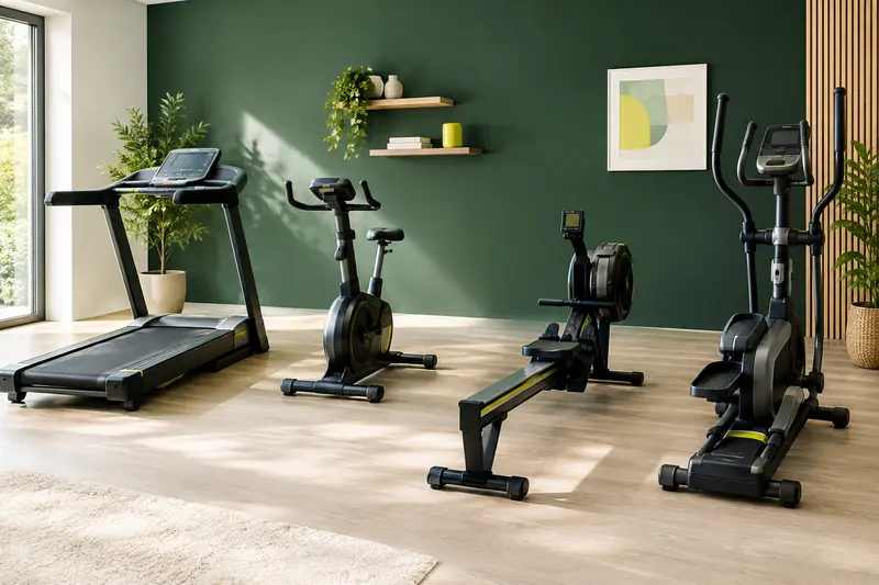 Appareils de cardio installés dans un espace d’entraînement domestique lumineux