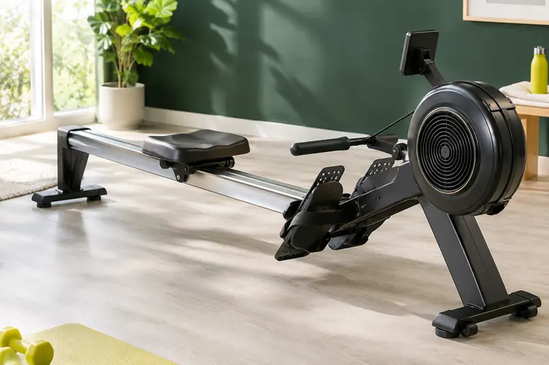 Rameur de fitness déployé dans une pièce claire dédiée à l’entraînement