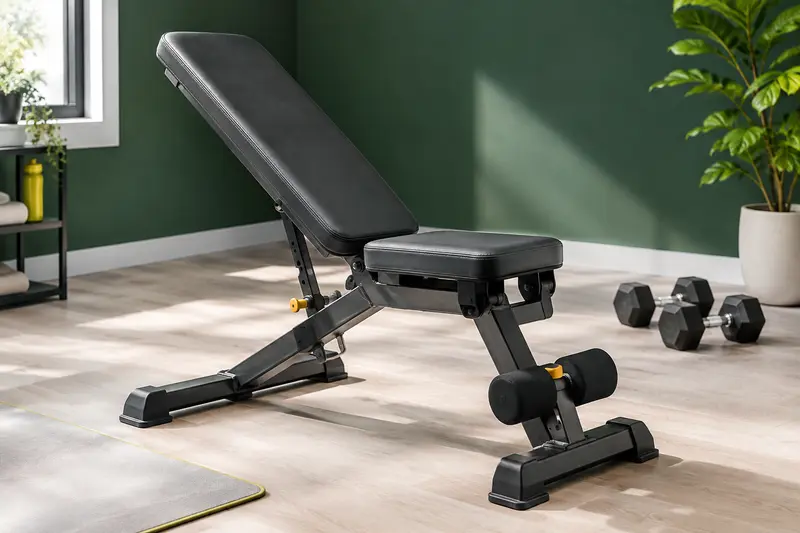 Banc de musculation réglable avec haltères dans une pièce lumineuse