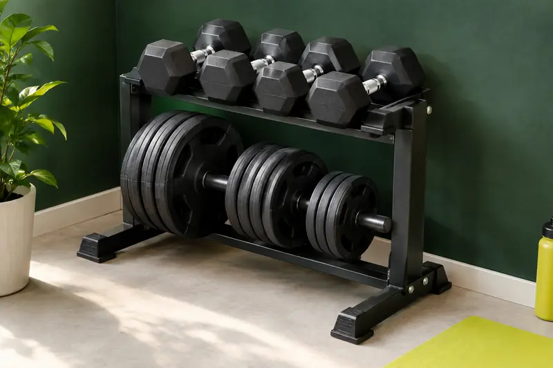 Paire d’haltères rangée sur un support dans un espace de musculation