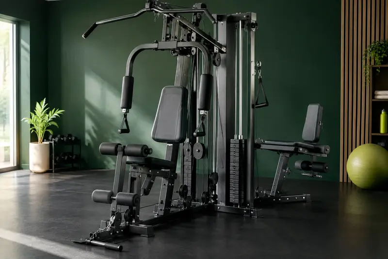 Station de musculation multifonction avec poulies et siège dans une pièce