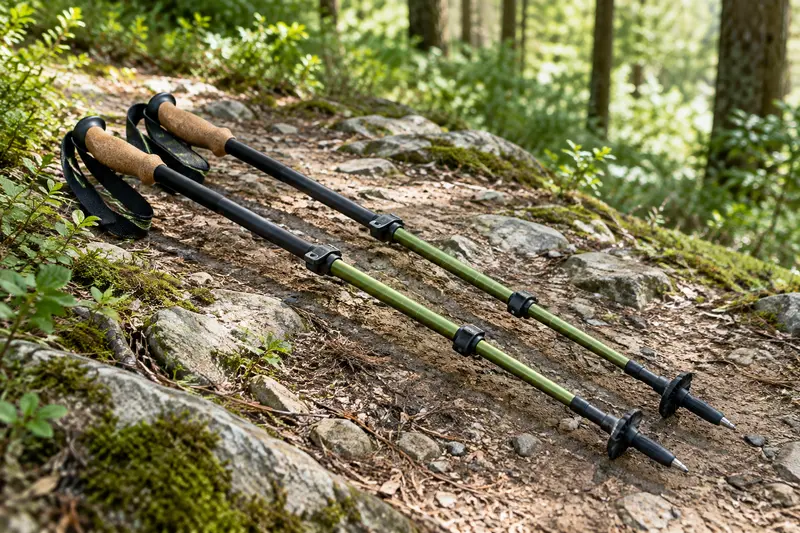 Paire de bâtons de randonnée réglables posés sur un sentier forestier