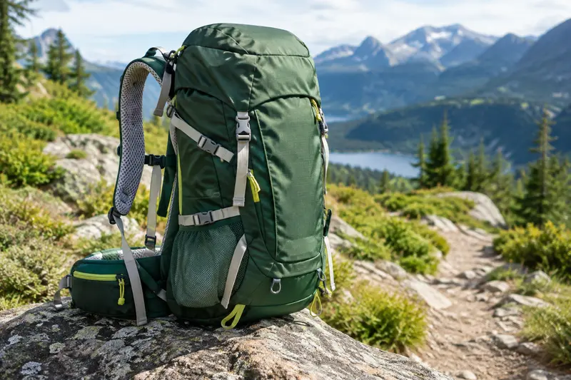 Sac à dos de randonnée posé sur un rocher au bord d’un sentier