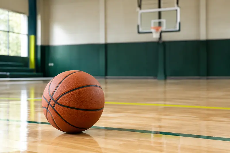 Ballon de basket sur un parquet de gymnase avec panier en arrière-plan