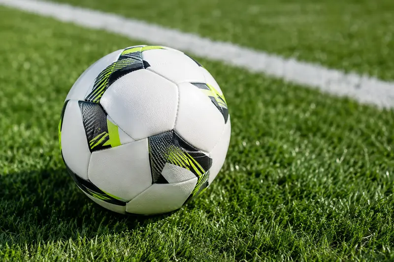 Ballon de football posé sur une pelouse avec une ligne de terrain