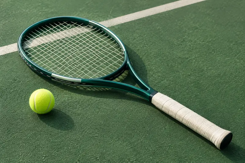 Raquette de tennis et balle posées sur un court vide