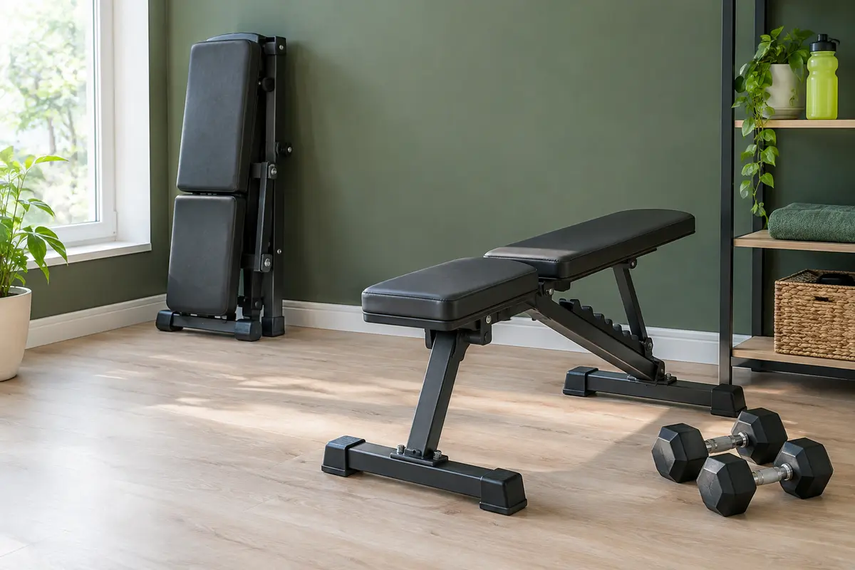 Banc de musculation pliable rangé près d’un banc fixe installé dans une pièce d’entraînement dégagée