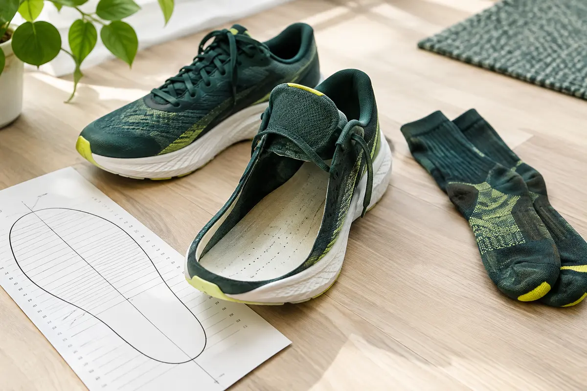 Chaussures de running, chaussettes de course et feuille de mesure pour vérifier la pointure