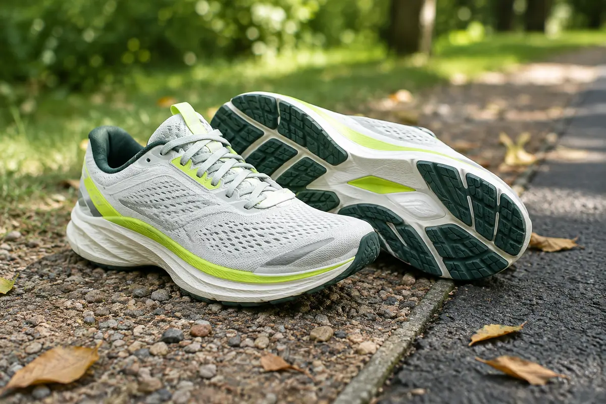 Chaussures de running posées entre un chemin de gravier et une piste asphaltée