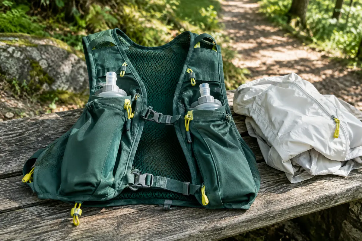 Gilet d’hydratation de running avec flasques et veste légère posé près d’un sentier