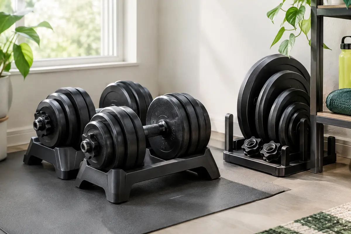Haltères réglables et disques rangés sur un support compact dans un espace de musculation à domicile.