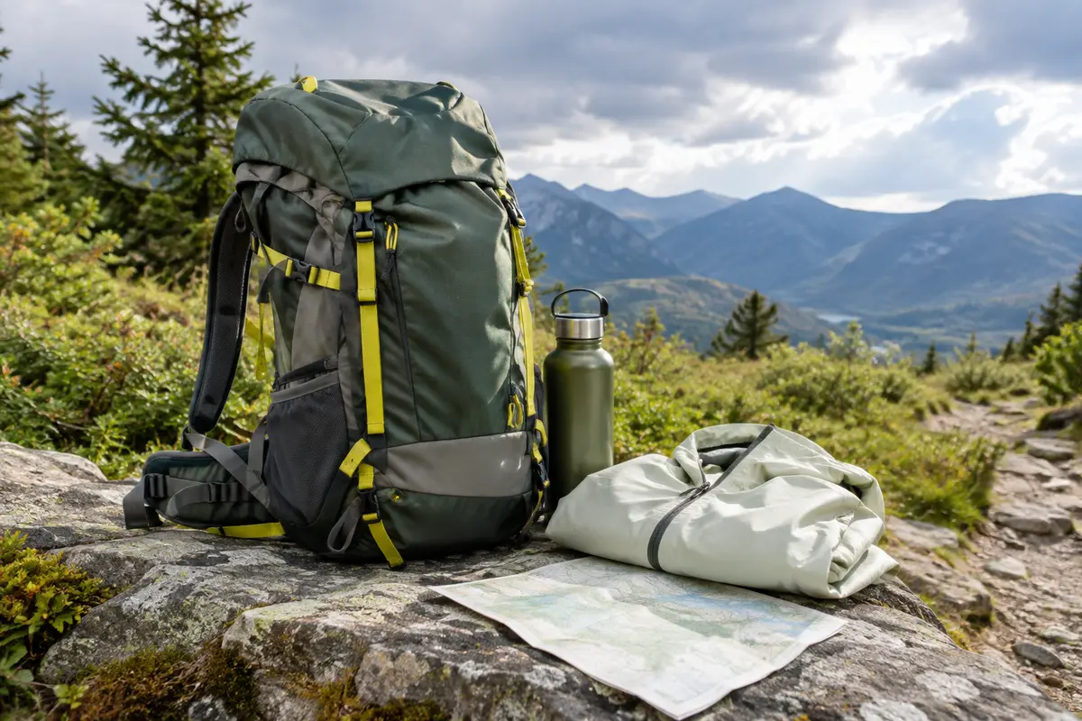Sac à dos de randonnée posé près d’un sentier avec une veste, une gourde et une météo changeante