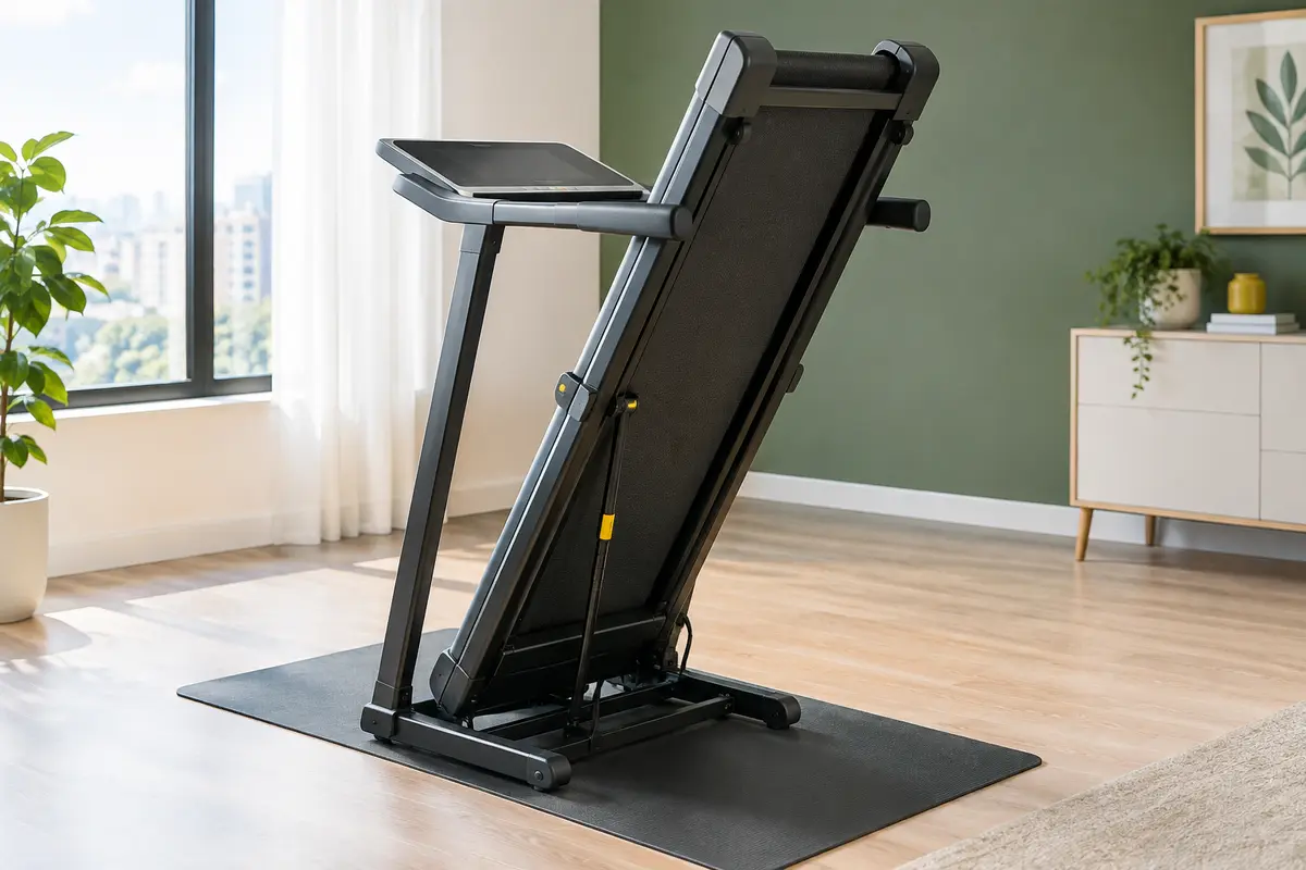Tapis de course pliable installé dans une pièce d’appartement avec un tapis de protection au sol