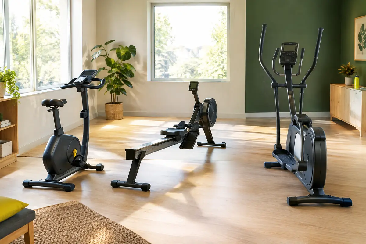 Vélo d’appartement, rameur et vélo elliptique comparés dans un petit espace de cardio à domicile.