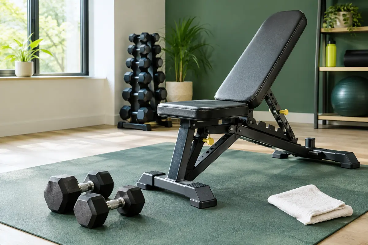 Haltères et banc de musculation rangés, avec poignées, sellerie et assemblages visibles pour le contrôle.
