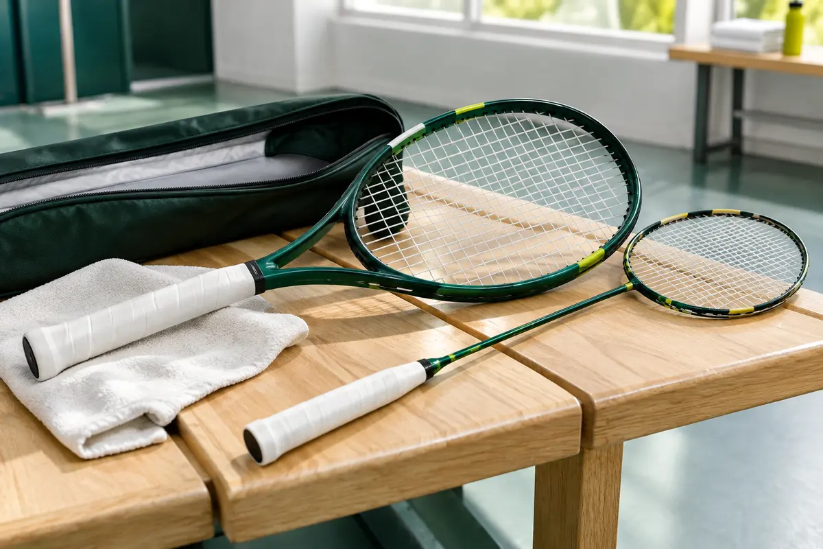 Raquettes de tennis et de badminton propres, avec chiffon et housse pour leur entretien.