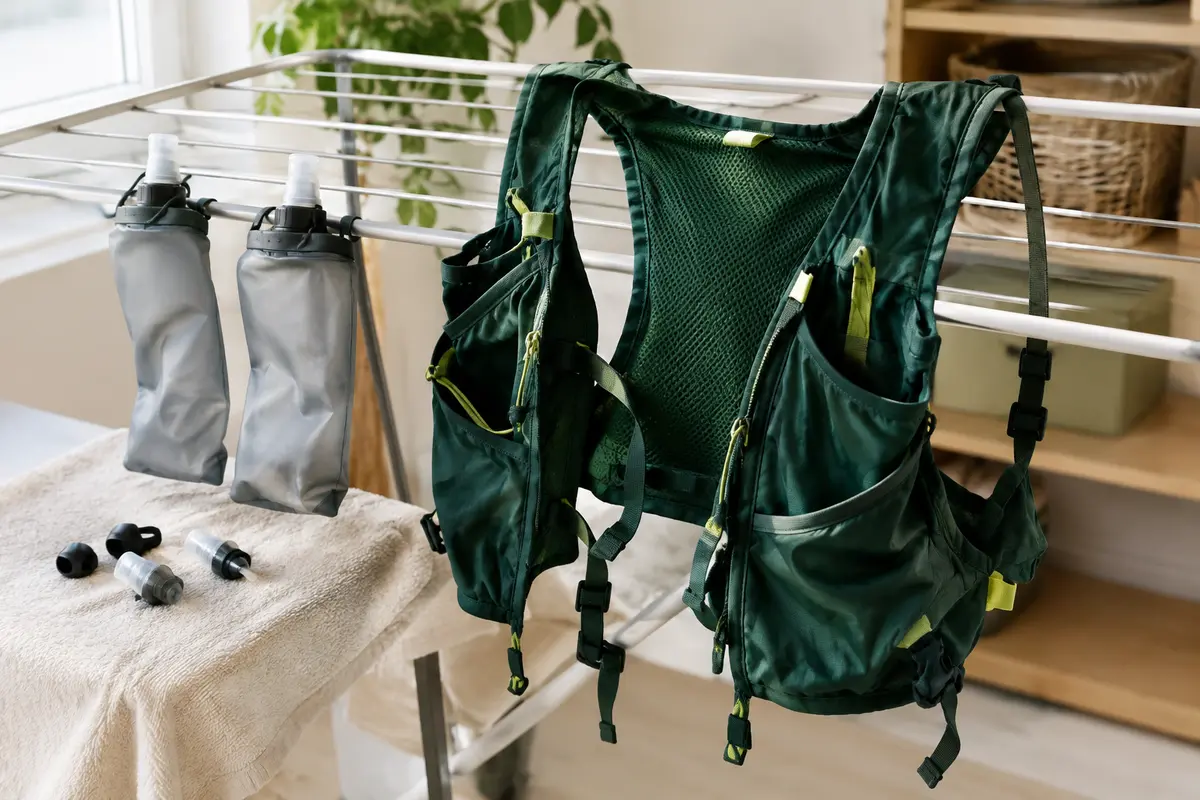 Gilet d’hydratation et flasques ouvertes séchant à l’air libre après leur nettoyage