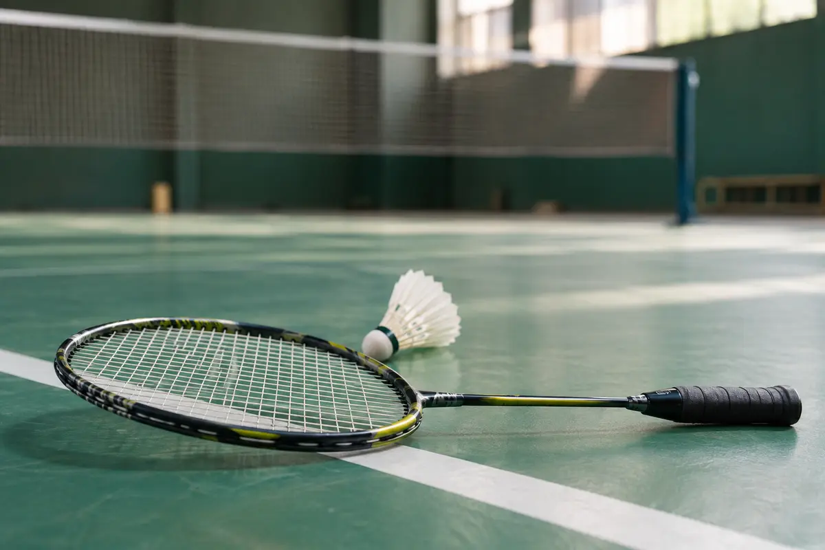 Raquette de badminton et volant posés sur un terrain intérieur, avec le filet en arrière-plan.