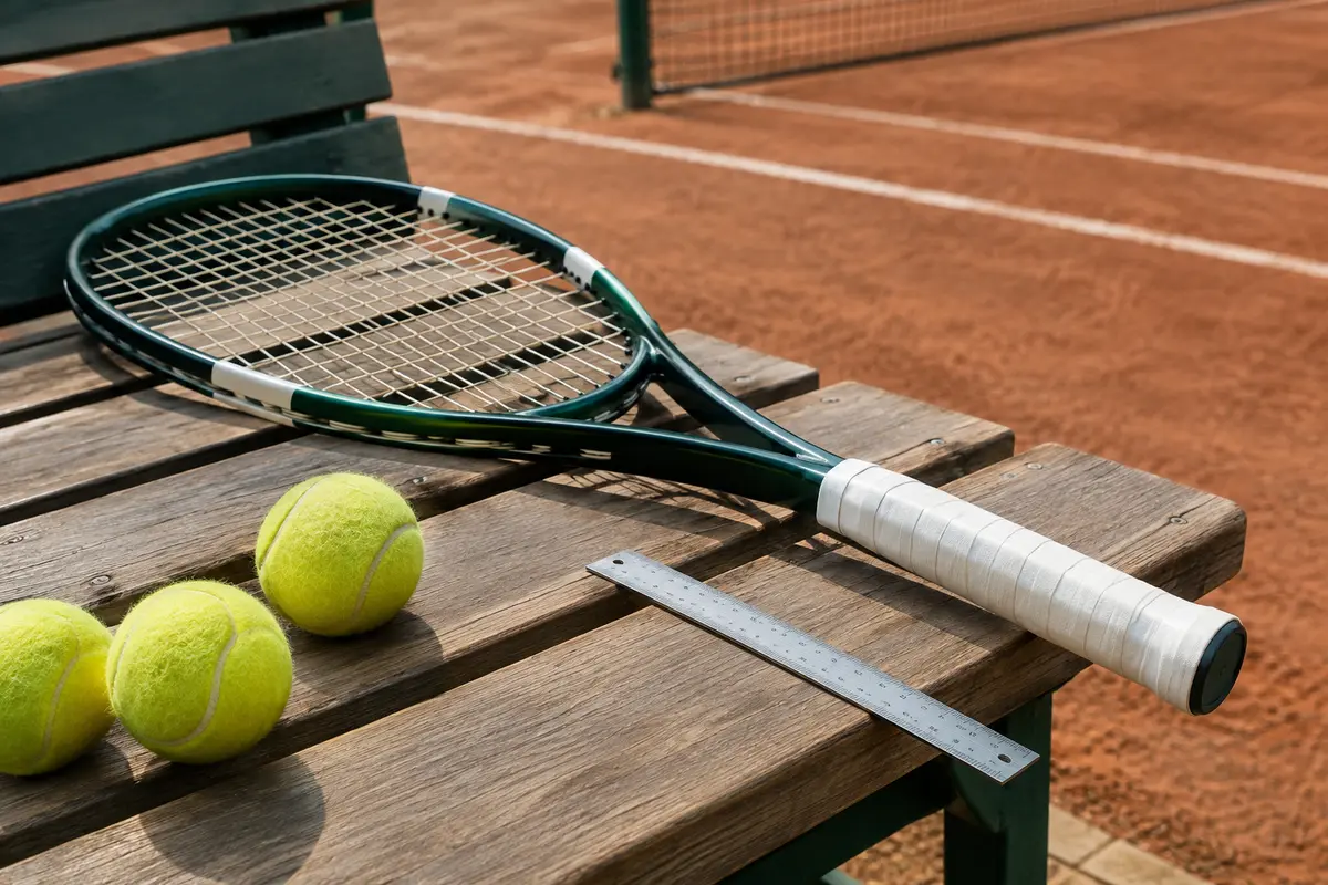 Raquette de tennis et règle près de balles, évoquant le choix du poids et la mesure du manche.