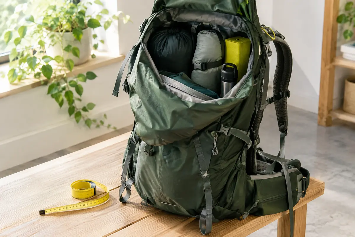 Sac de randonnée chargé et sangles visibles, avec un mètre ruban posé à côté pour illustrer le réglage.