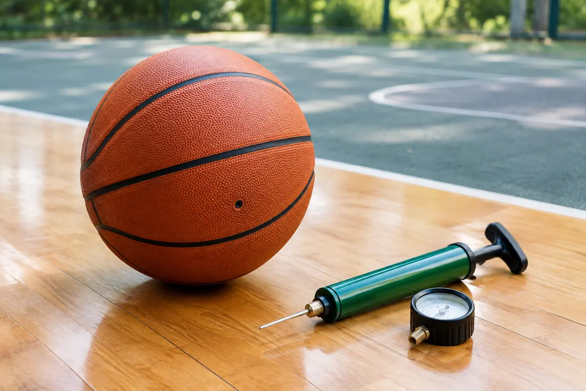 Ballon de basket, manomètre et pompe posés sur un parquet, avec un terrain extérieur flou en arrière-plan.