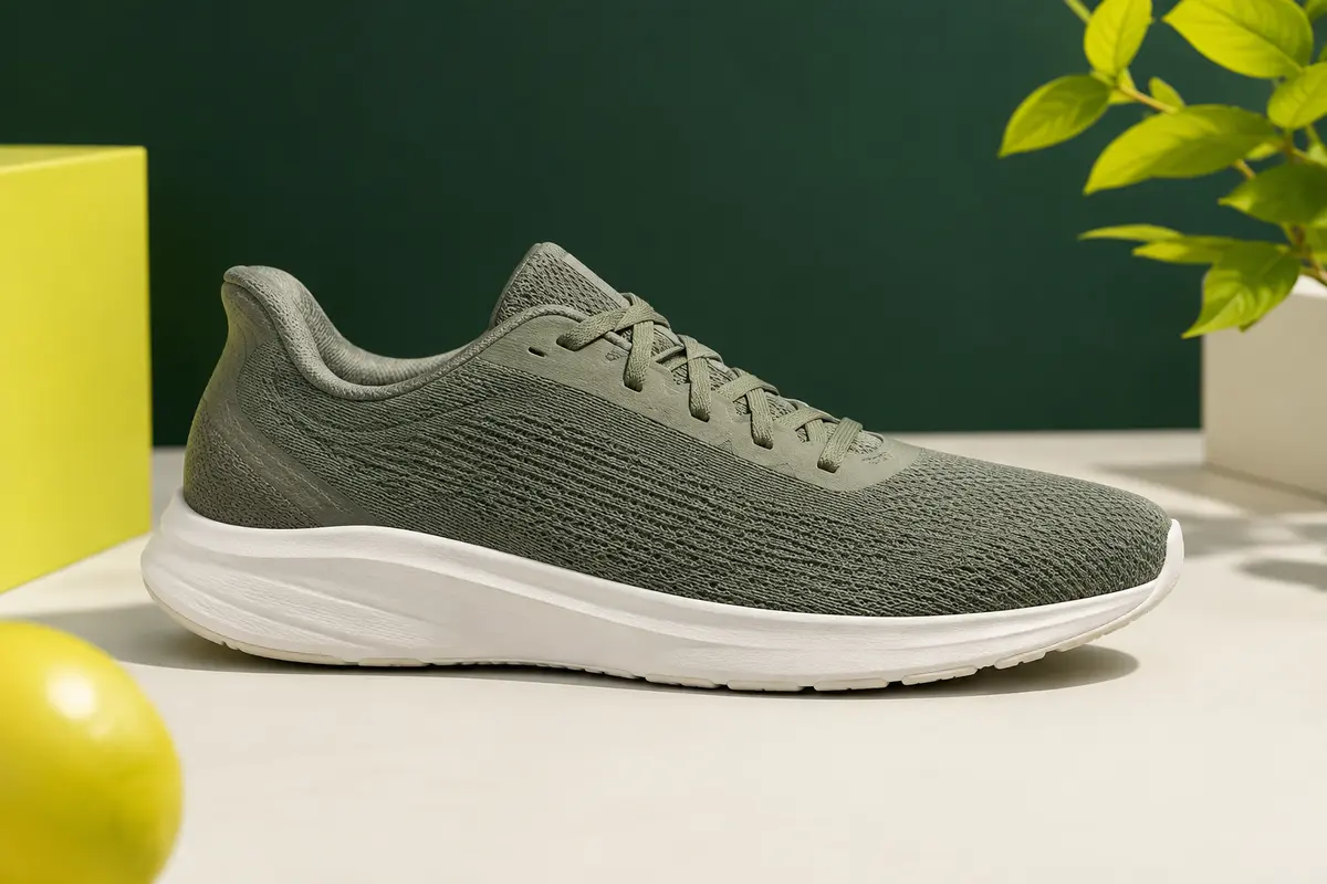 Chaussure basse pour homme à tige textile et lacets, photographiée sur un fond de studio sobre.