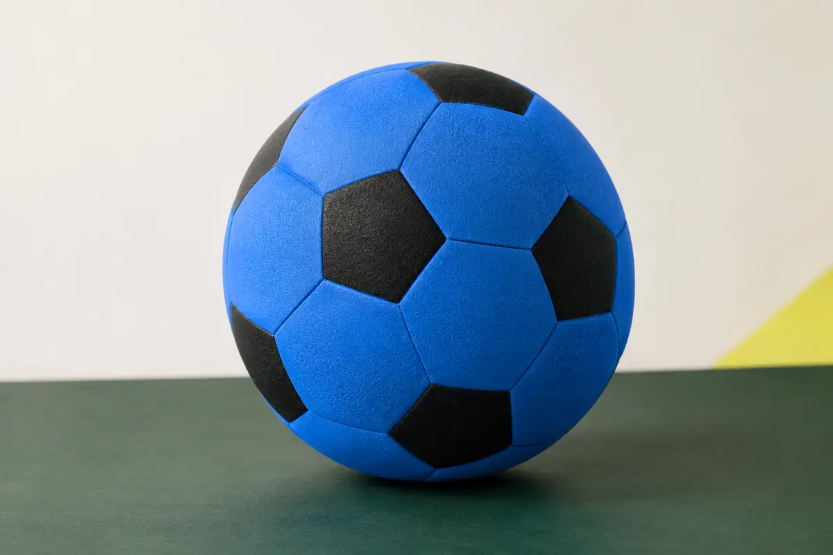 Ballon de football alldoro bleu et noir en mousse, posé sur un fond de studio vert profond