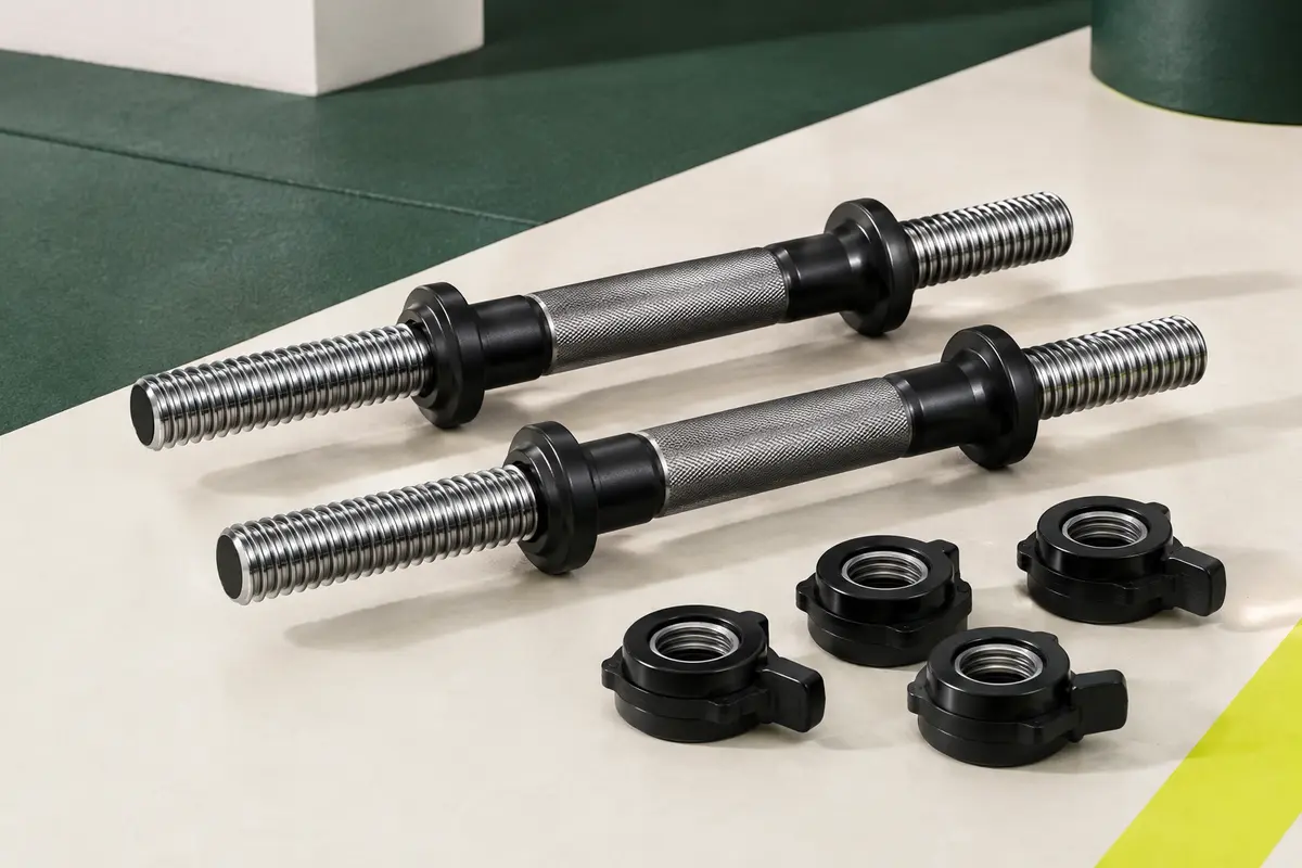 Deux barres d’haltères filetées noires avec quatre colliers Spinlock, sans disques de poids.
