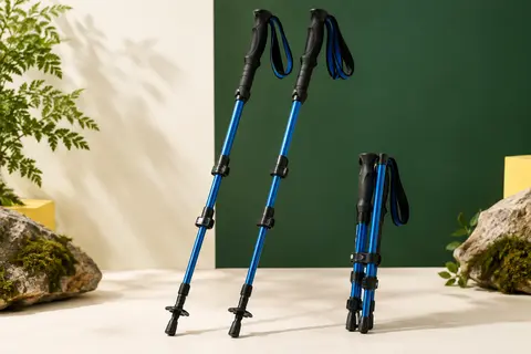 Paire de bâtons de randonnée bleus en aluminium, avec poignées en mousse EVA et format pliable.