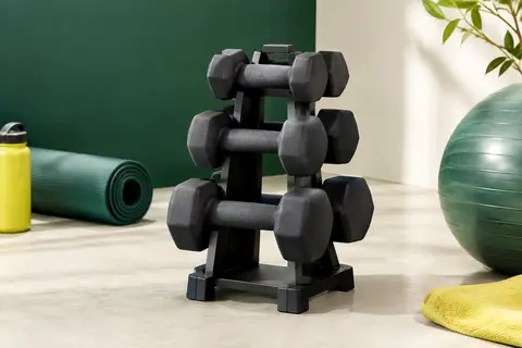 Six haltères Apollo en néoprène de 1 à 3 kg rangés par paires sur leur support