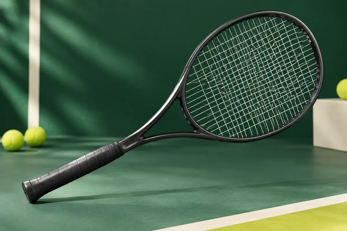 Raquette de tennis adulte en graphite avec cordage blanc, présentée seule sur un fond sportif vert.