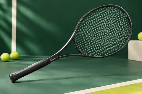 Raquette de tennis adulte en graphite avec cordage blanc, présentée seule sur un fond sportif vert.