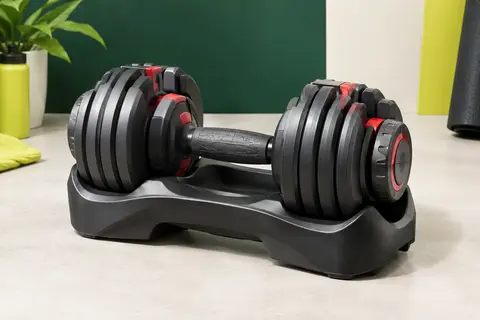 Haltère réglable individuelle noire et grise avec détails rouges, posée sur son support compact