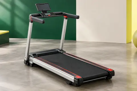 Tapis de course CITYSPORTS noir et rouge avec main courante pliable, écran LED et support tablette