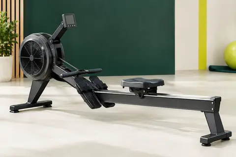 Rameur noir à résistance à air avec moniteur PM5 présenté seul dans un studio sportif lumineux.