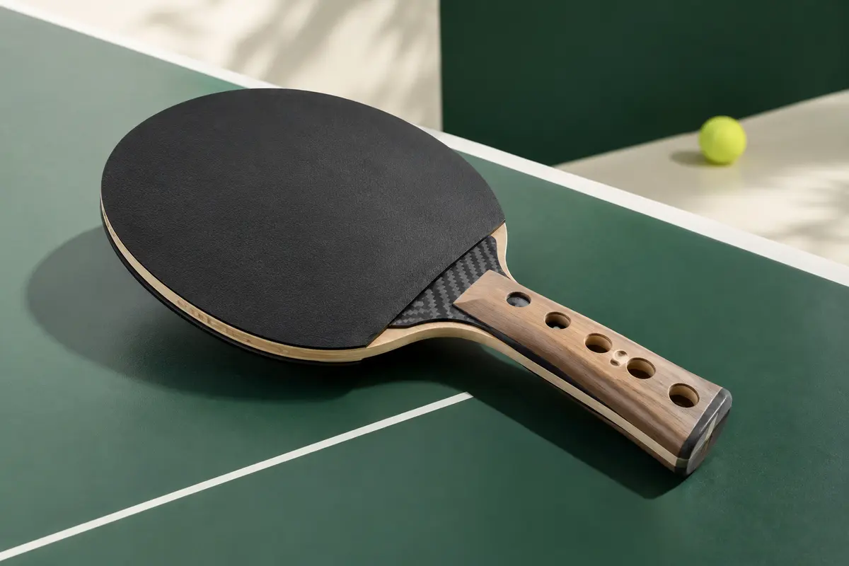 Raquette de tennis de table Cornilleau avec manche perforé et insert carbone, présentée sur une table de jeu