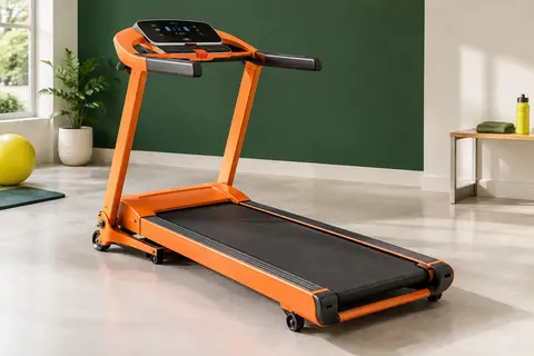 Tapis de course pliable orange avec bande sombre, console LED et structure métallique dans un studio lumineux
