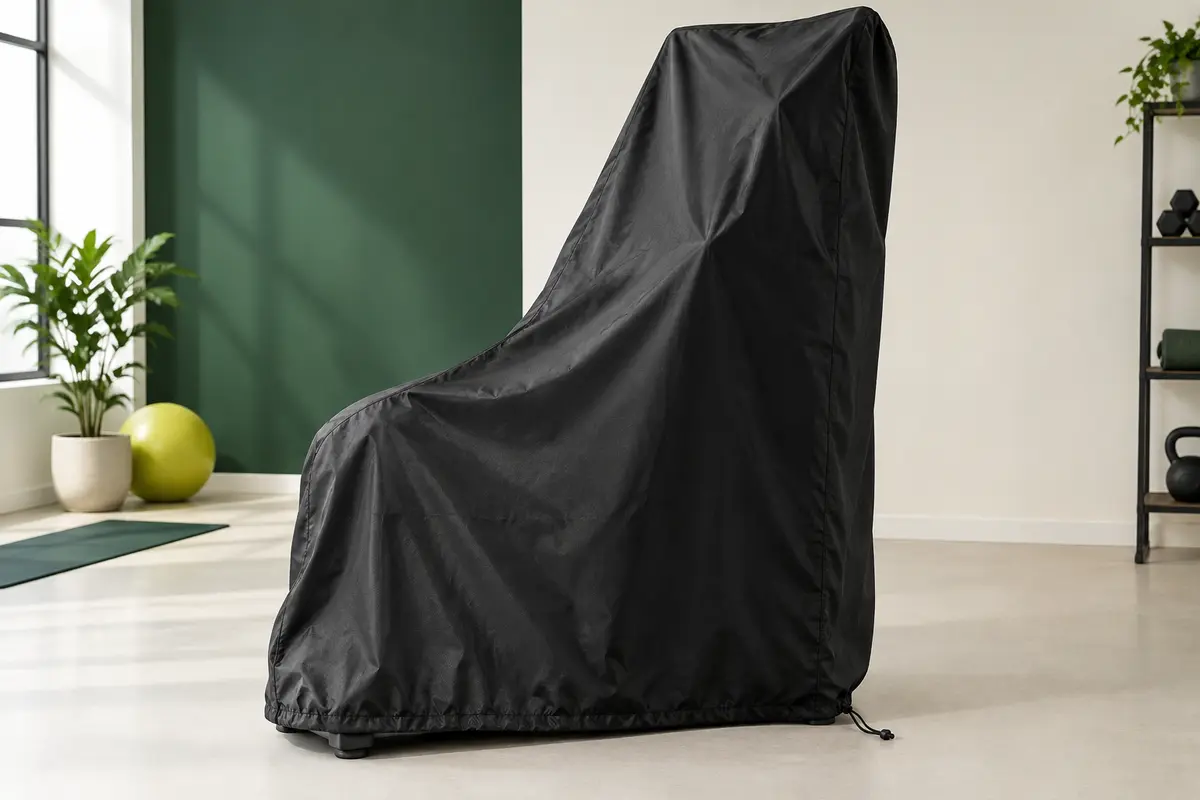 Housse noire en polyester Oxford couvrant un vélo elliptique, avec cordon de serrage au bas et fond de studio sobre.