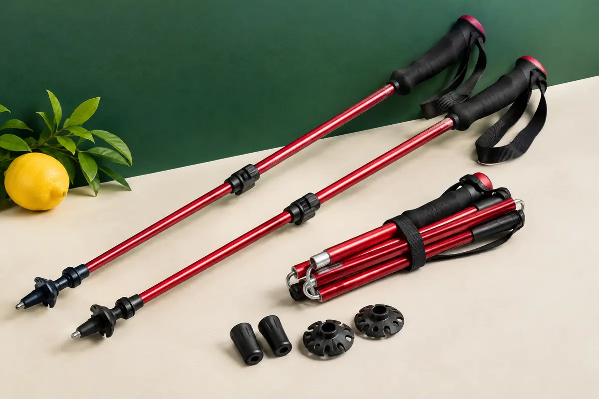 Paire de bâtons de randonnée pliables rouges en aluminium avec poignées en EVA et embouts interchangeables