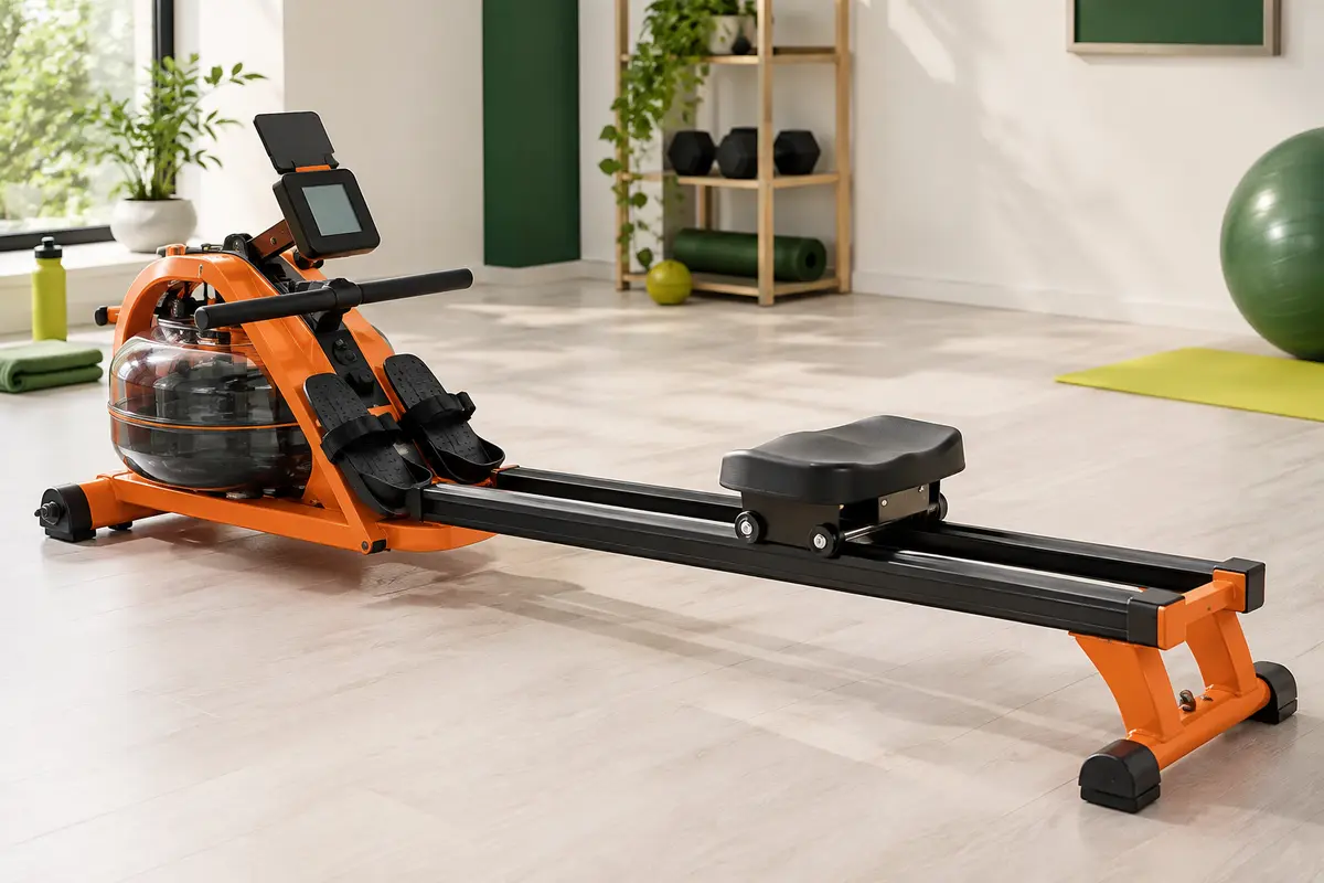 Rameur magnétique orange à double rail avec écran LCD orientable et support pour tablette