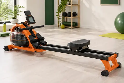 Rameur magnétique orange à double rail avec écran LCD orientable et support pour tablette