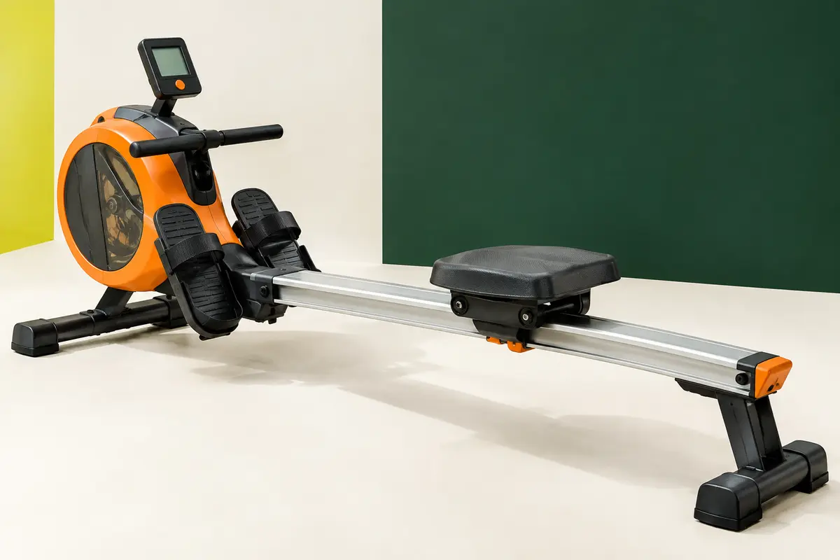 Rameur magnétique orange et acier avec écran LCD, siège coulissant et pédales, présenté dans un studio sobre.