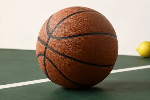 Ballon de basket enfant marron en caoutchouc posé sur un sol sportif vert profond