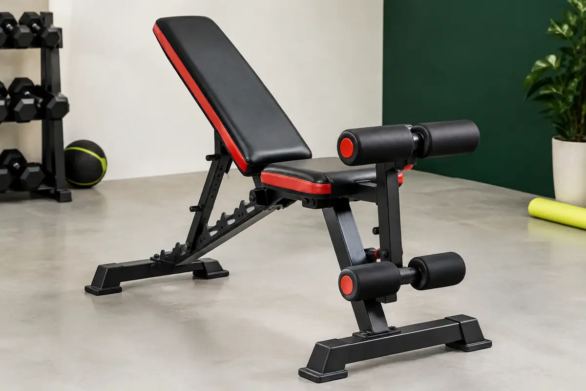 Banc de musculation réglable noir et rouge avec cadre en acier et supports de cuisse ajustables