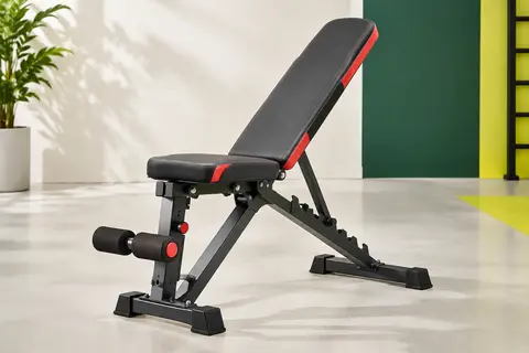 Banc de musculation réglable noir, rouge et anthracite avec cadre en acier et coussin long.