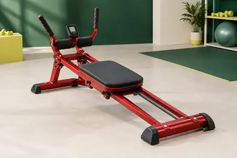 Appareil abdominal pliable rouge à double rail, avec coussin coulissant, poignées et écran LCD, en studio clair.