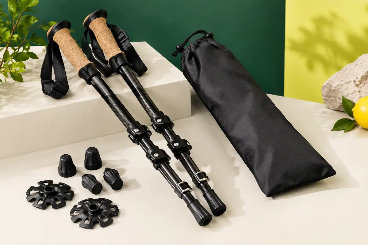 Paire de bâtons de randonnée noirs en fibre de carbone avec poignées en liège et accessoires, présentée en studio.