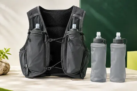 Gilet d’hydratation de course à pied avec deux flasques souples et une poche accessible pour les gels