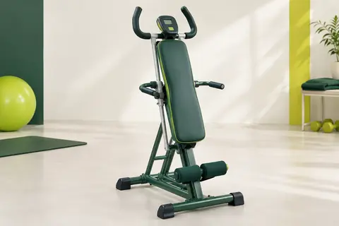 Appareil abdominal vert Gymform avec structure en acier et ordinateur intégré, photographié en studio