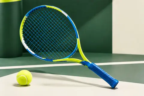 Raquette de tennis junior colorée de 21 pouces avec cordage bleu, présentée sur un fond sportif sobre.